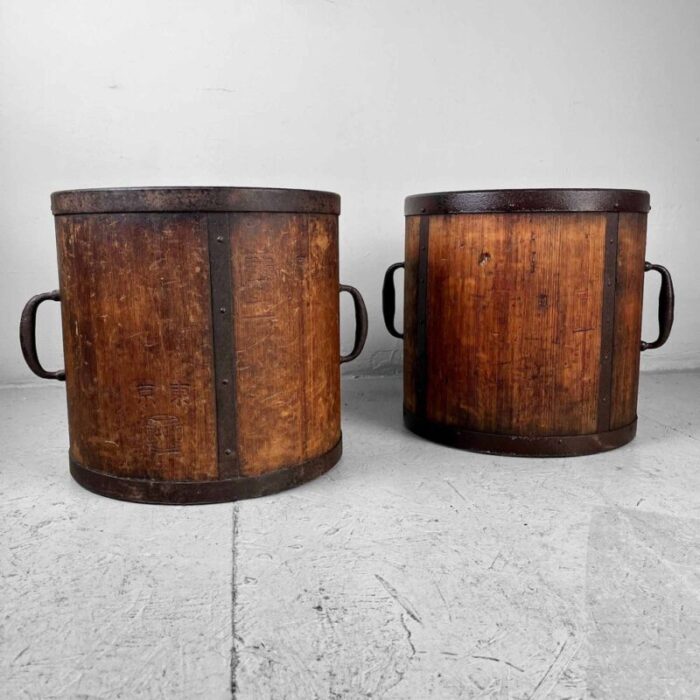 antique meiji handmade rice measure buckets japan set of 2 1