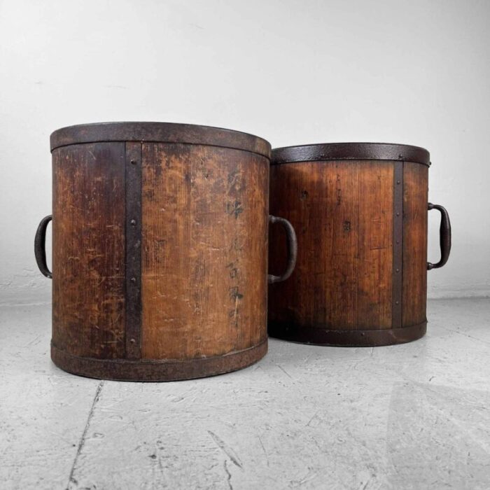 antique meiji handmade rice measure buckets japan set of 2 14