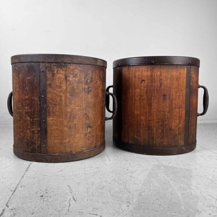 antique meiji handmade rice measure buckets japan set of 2 15