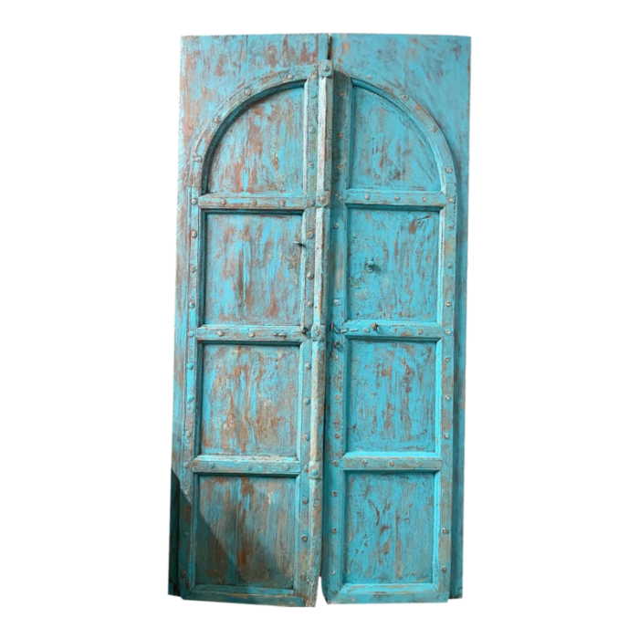 antique turquoise indian arched mehrab painted teak wood doors 87 7038