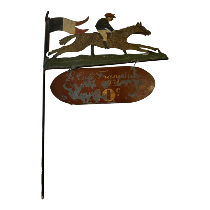 antique two sided painted metal french cafe sign with horse and rider 1074