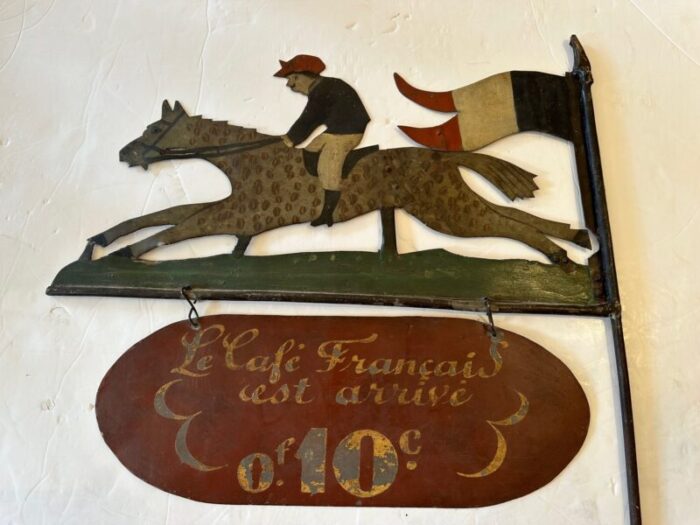 antique two sided painted metal french cafe sign with horse and rider 7939