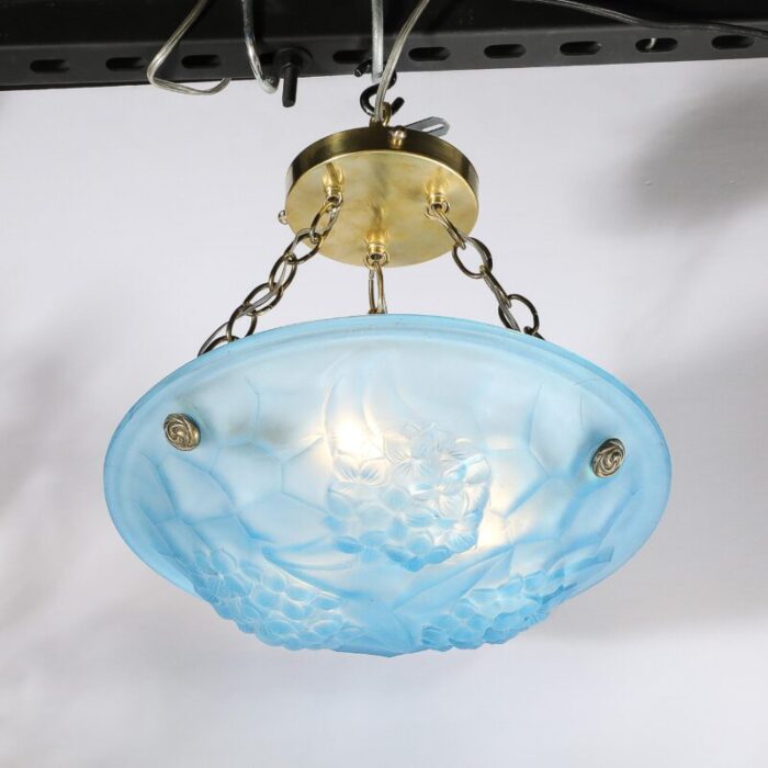 art deco frosted blue glass chandelier w brass fittings signed roc by degue 4416