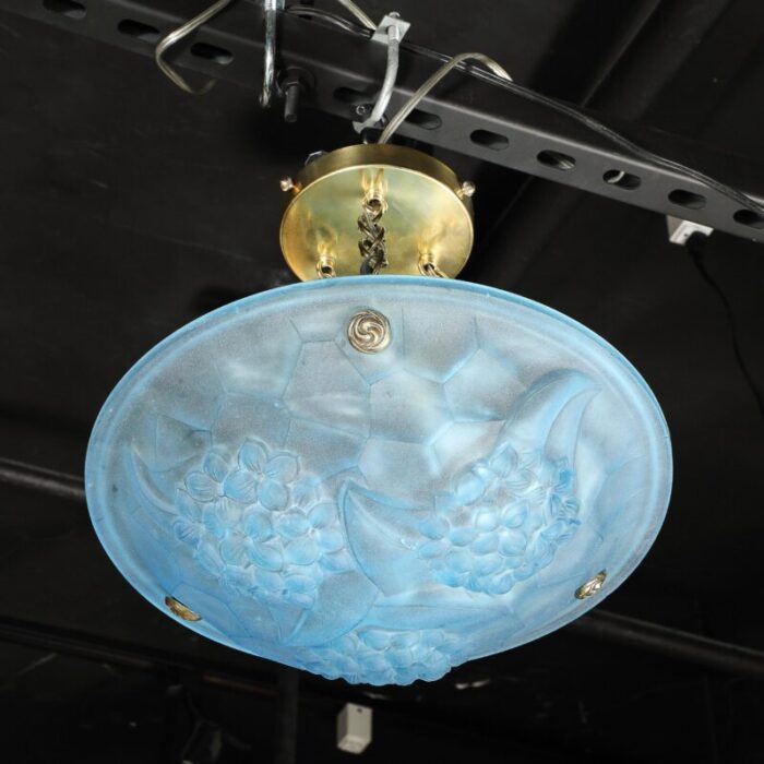 art deco frosted blue glass chandelier w brass fittings signed roc by degue 4839