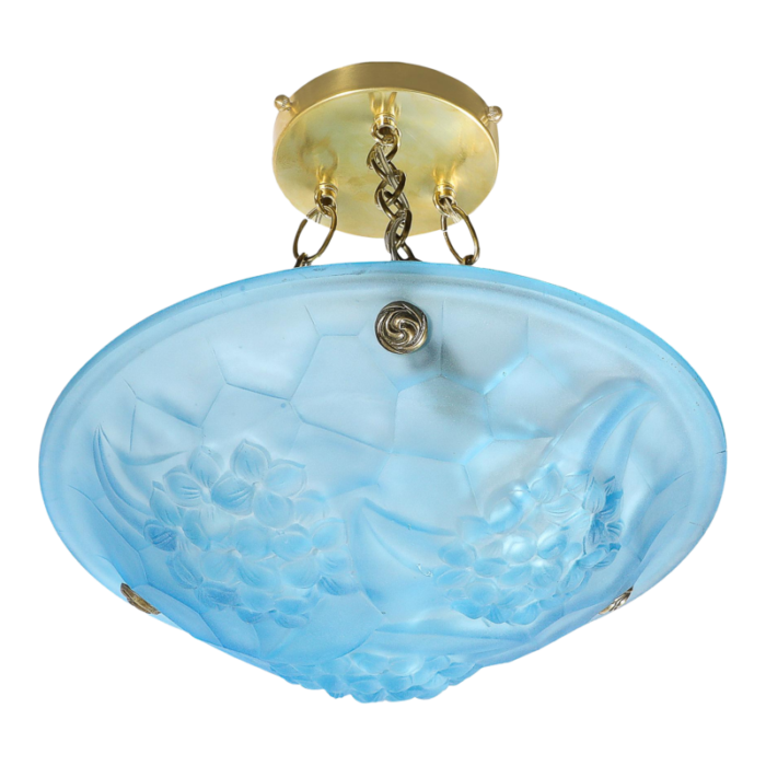 art deco frosted blue glass chandelier w brass fittings signed roc by degue 6360