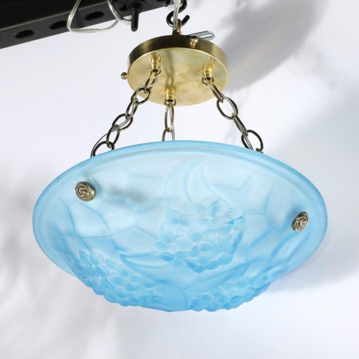 art deco frosted blue glass chandelier w brass fittings signed roc by degue 7261