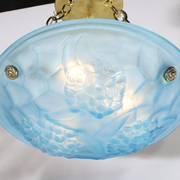 art deco frosted blue glass chandelier w brass fittings signed roc by degue 7963