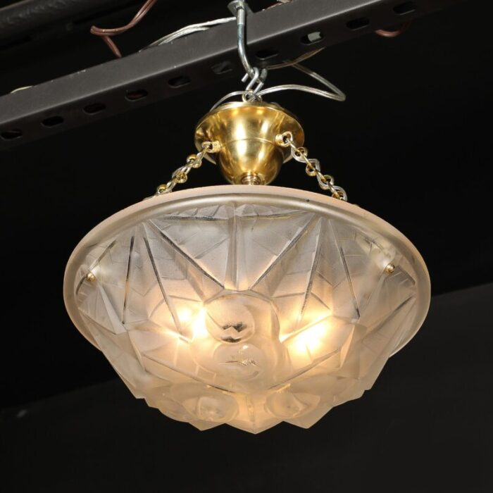 art deco frosted glass pendant chandelier w brass fittings signed degue 3161