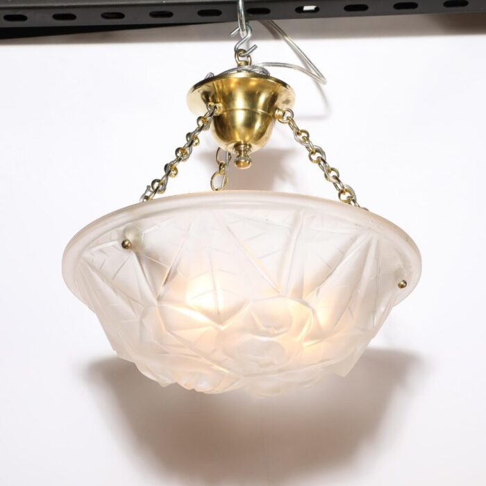 art deco frosted glass pendant chandelier w brass fittings signed degue 4672