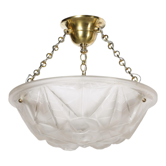 art deco frosted glass pendant chandelier w brass fittings signed degue 4977