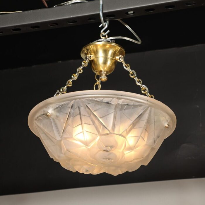 art deco frosted glass pendant chandelier w brass fittings signed degue 6146