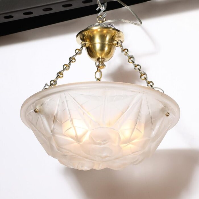 art deco frosted glass pendant chandelier w brass fittings signed degue 8042