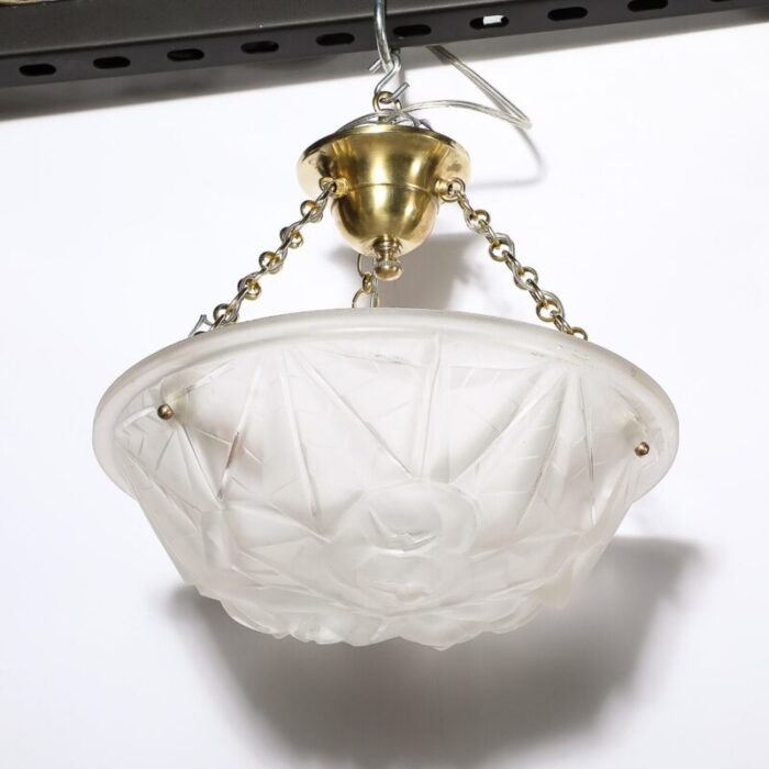 art deco frosted glass pendant chandelier w brass fittings signed degue 9683