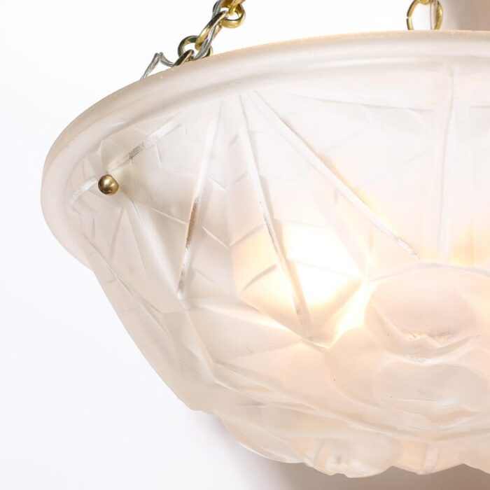 art deco frosted glass pendant chandelier w brass fittings signed degue 9971