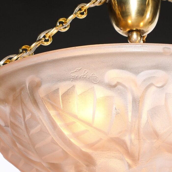 art deco frosted rose glass pendant chandelier signed degue 0677