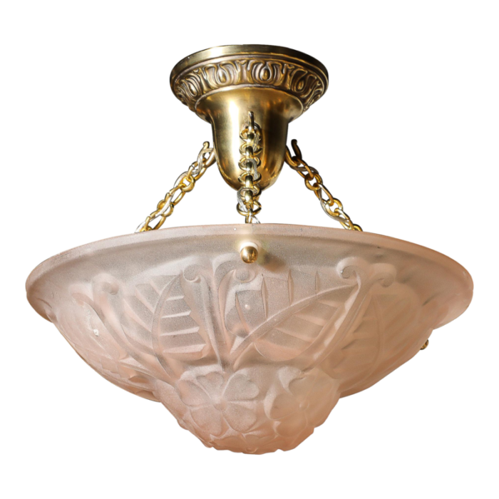 art deco frosted rose glass pendant chandelier signed degue 3567