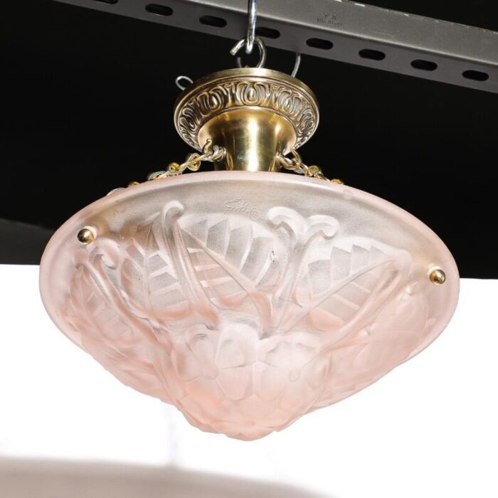 art deco frosted rose glass pendant chandelier signed degue 4532