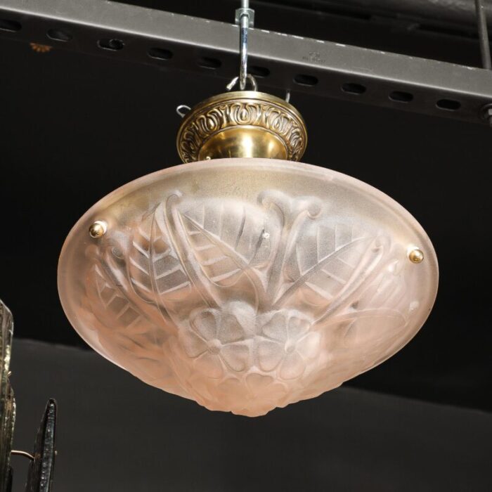 art deco frosted rose glass pendant chandelier signed degue 4541