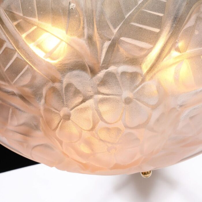 art deco frosted rose glass pendant chandelier signed degue 4696