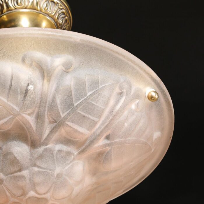 art deco frosted rose glass pendant chandelier signed degue 5294