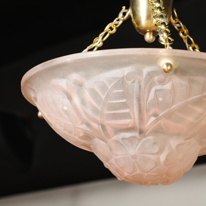 art deco frosted rose glass pendant chandelier signed degue 6732