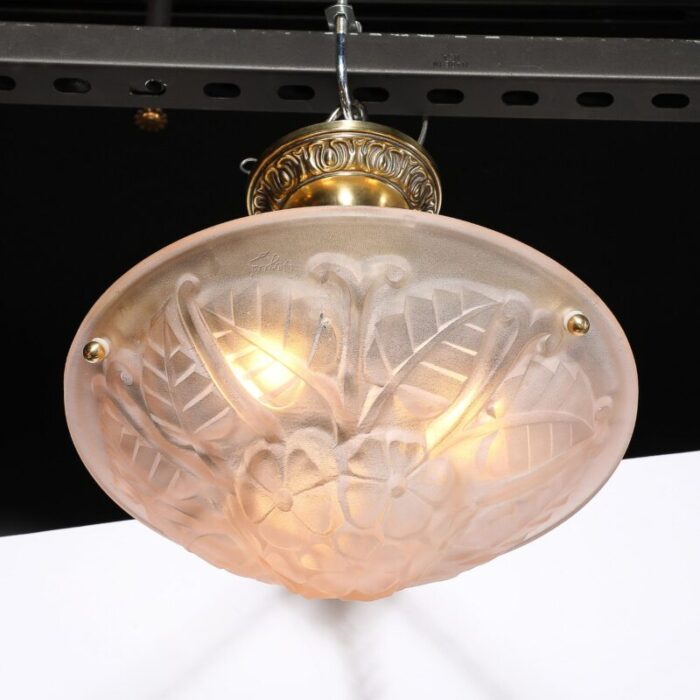 art deco frosted rose glass pendant chandelier signed degue 7003