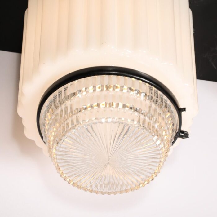 art deco milk glass and pressed glass flush mount chandelier w bronze fittings 1268