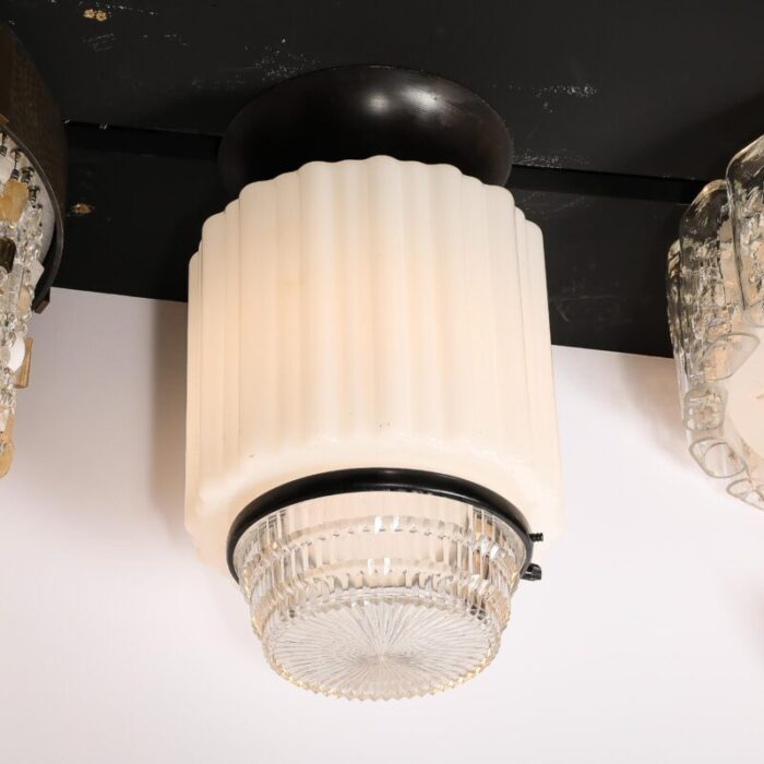 art deco milk glass and pressed glass flush mount chandelier w bronze fittings 6037