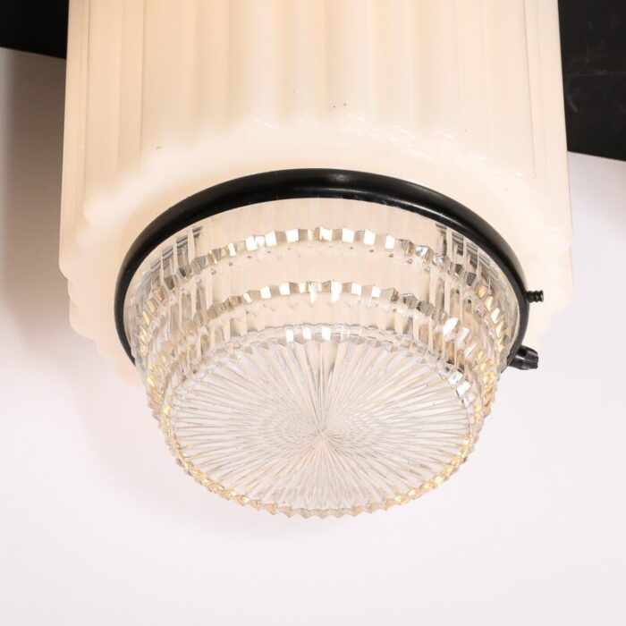 art deco milk glass and pressed glass flush mount chandelier w bronze fittings 7842