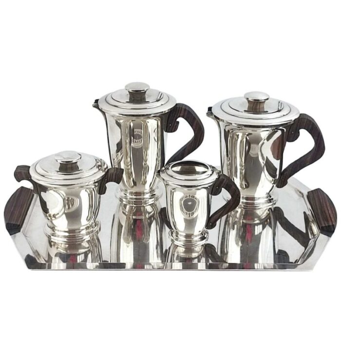 art deco silver plated and makassar ebony tea or coffee set from ravinet d enfert 1930s set of 5 1