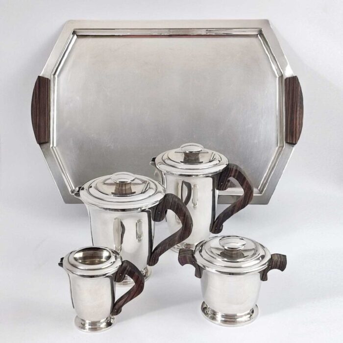 art deco silver plated and makassar ebony tea or coffee set from ravinet d enfert 1930s set of 5 19