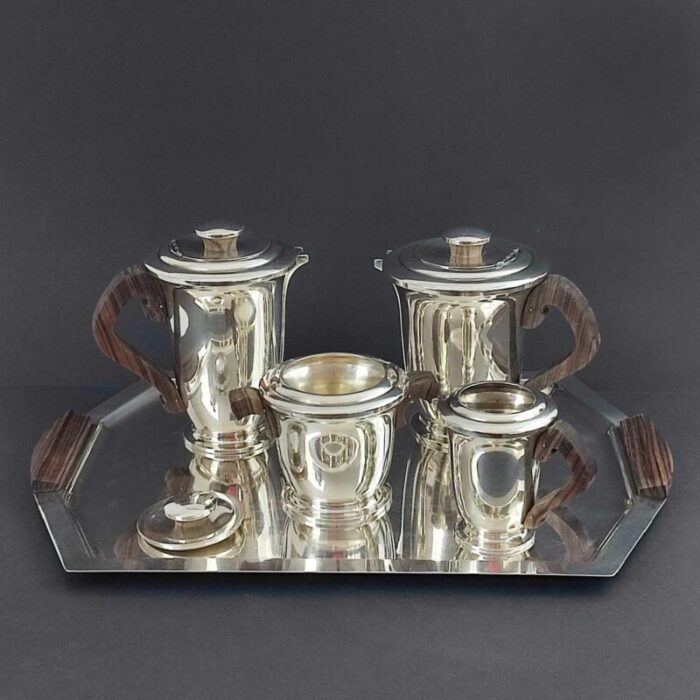 art deco silver plated and makassar ebony tea or coffee set from ravinet d enfert 1930s set of 5 2