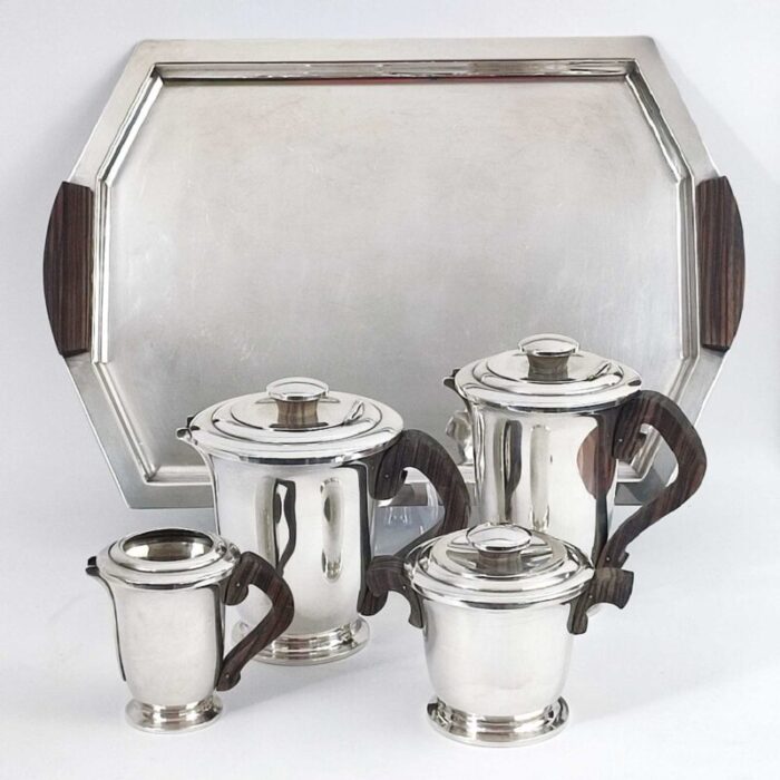 art deco silver plated and makassar ebony tea or coffee set from ravinet d enfert 1930s set of 5 20