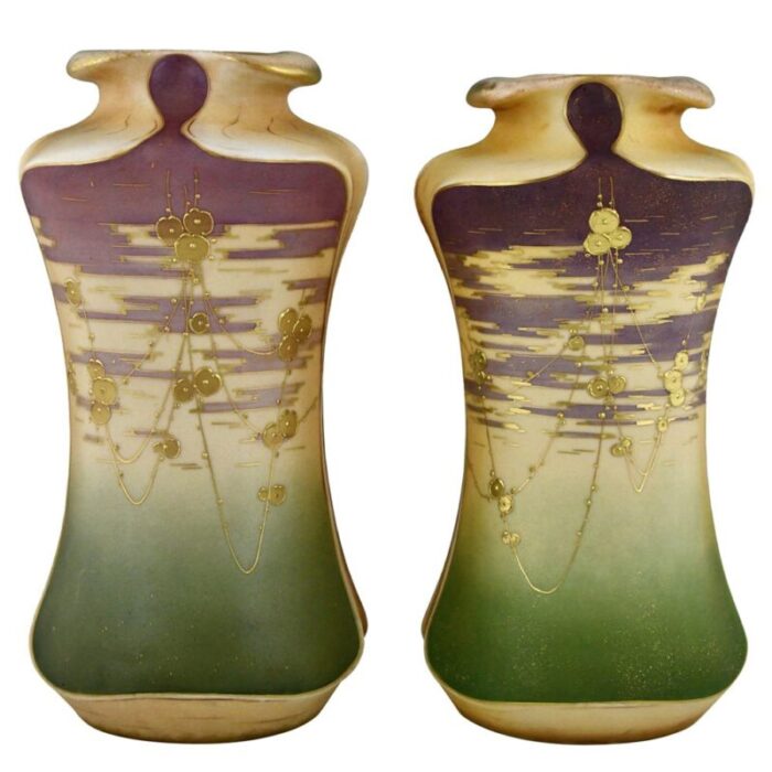 art nouveau ceramic vases with gilt flowers by turn teplitz for rstk amphora 1900s set of 2 1