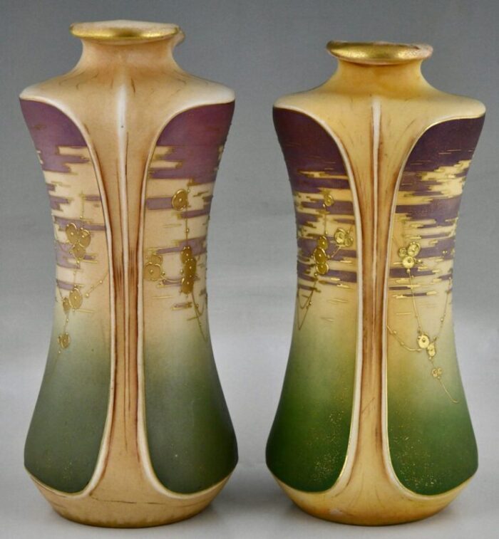 art nouveau ceramic vases with gilt flowers by turn teplitz for rstk amphora 1900s set of 2 3