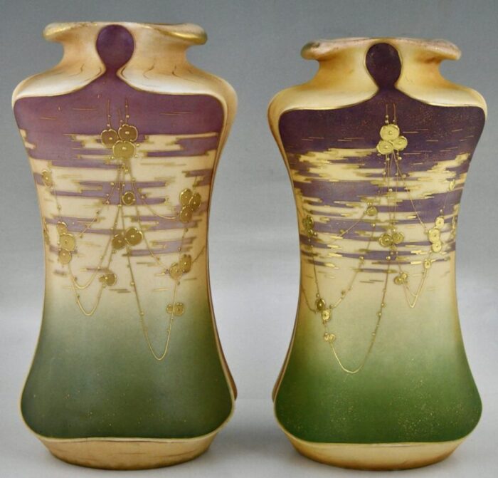 art nouveau ceramic vases with gilt flowers by turn teplitz for rstk amphora 1900s set of 2 4