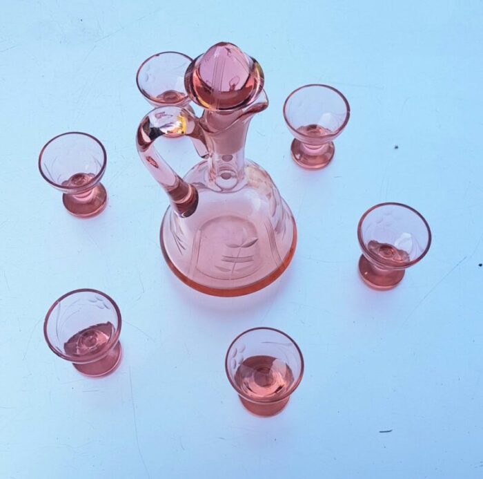 art nouveau pink crystal glass decanter with 6 glasses 1910s set of 7 2