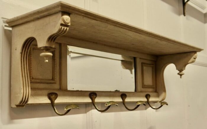 arts and crafts french painted wall mirror with shelf and coat hooks 1880s 5