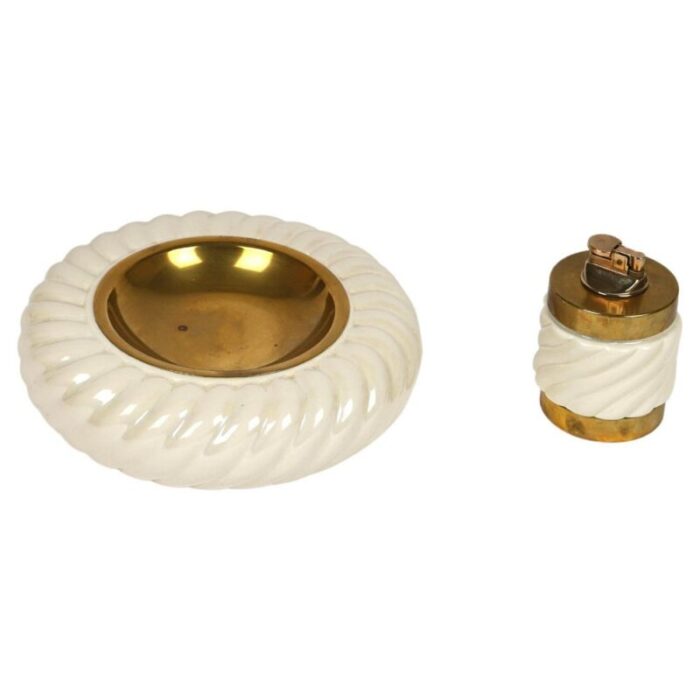 ashtray and lighter in ceramic and brass attributed to tommaso barbi italy 1970s set of 2 1