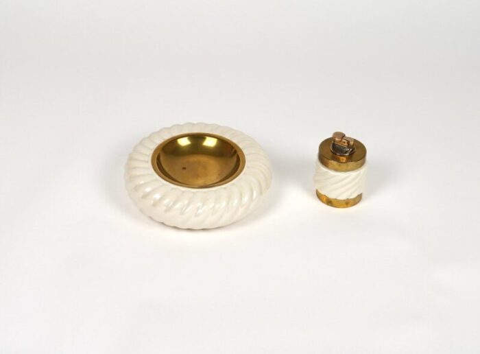 ashtray and lighter in ceramic and brass attributed to tommaso barbi italy 1970s set of 2 2