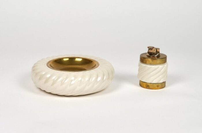 ashtray and lighter in ceramic and brass attributed to tommaso barbi italy 1970s set of 2 3