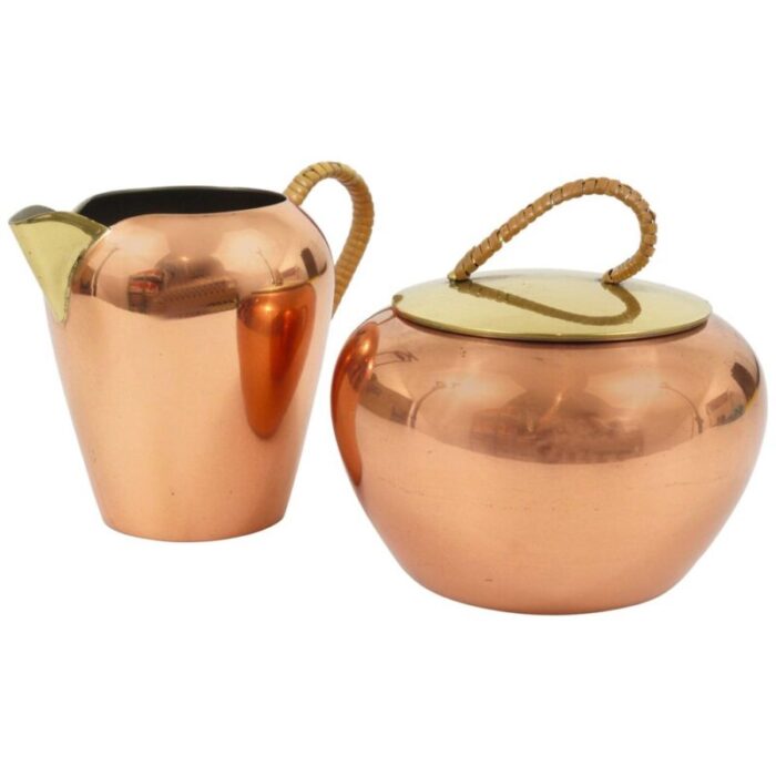 austrian copper and brass milk creamer and sugar bowl with lid 1950s set of 2 1