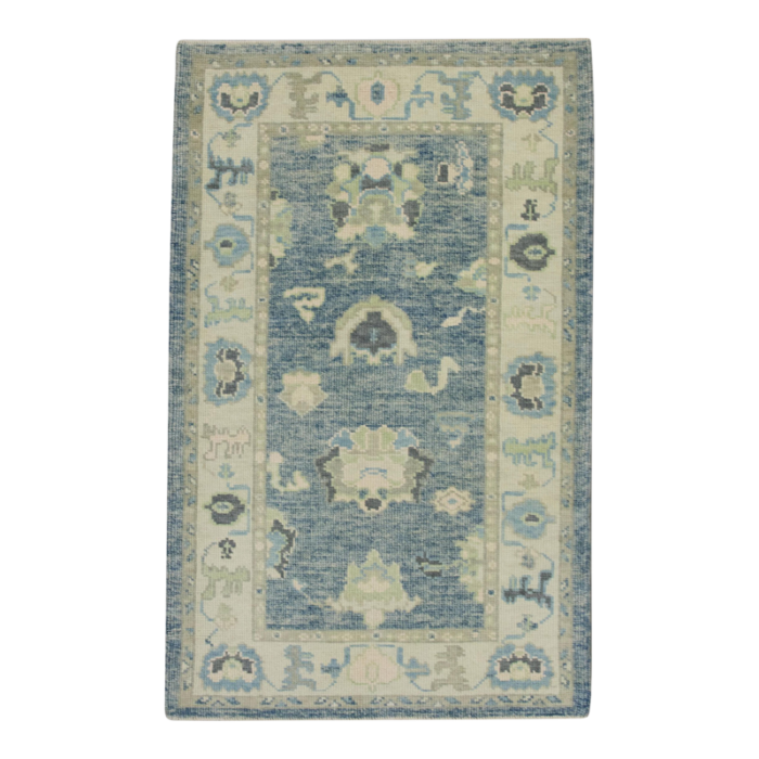 authentic turkish oushak rug 32 x 51 blue floral handwoven wool early 21st century oriental rug 3566