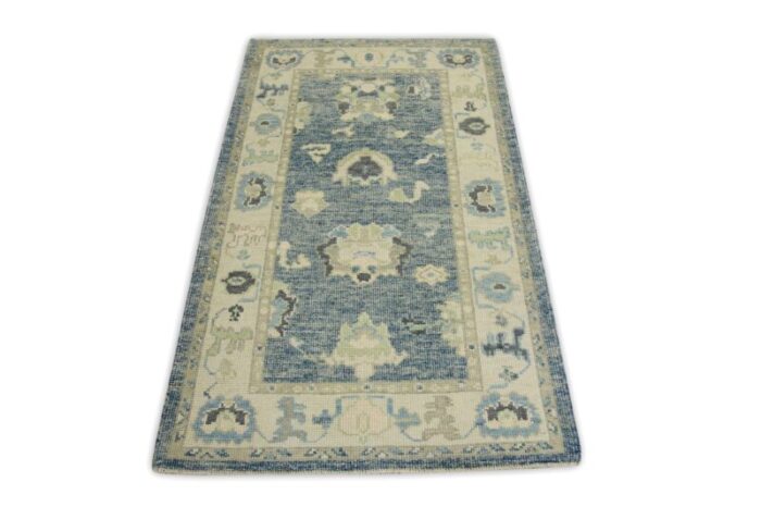 authentic turkish oushak rug 32 x 51 blue floral handwoven wool early 21st century oriental rug 4397