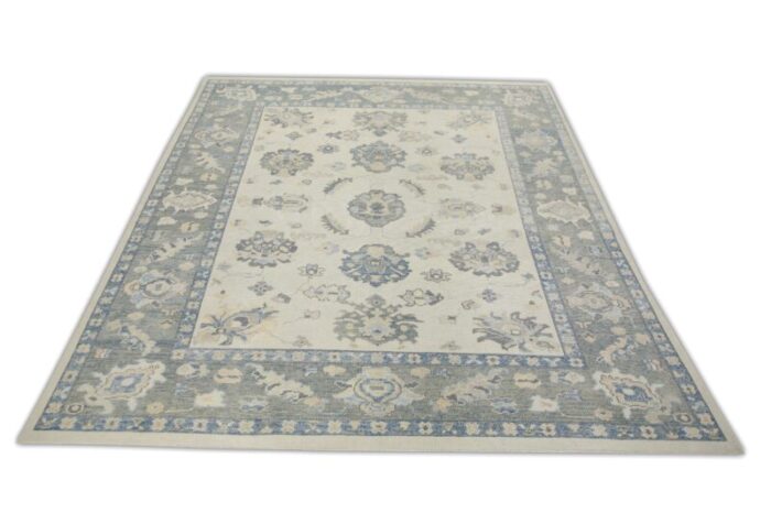 blue floral design handwoven wool turkish oushak rug 84 x 102 0326