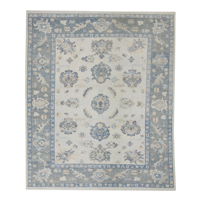 blue floral design handwoven wool turkish oushak rug 84 x 102 3842