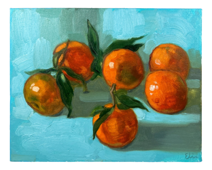 blue still life with tangerines oil on canvas painting 2000s 1113