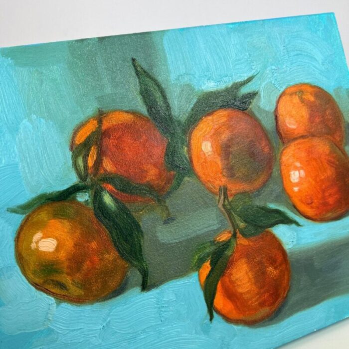 blue still life with tangerines oil on canvas painting 2000s 2991