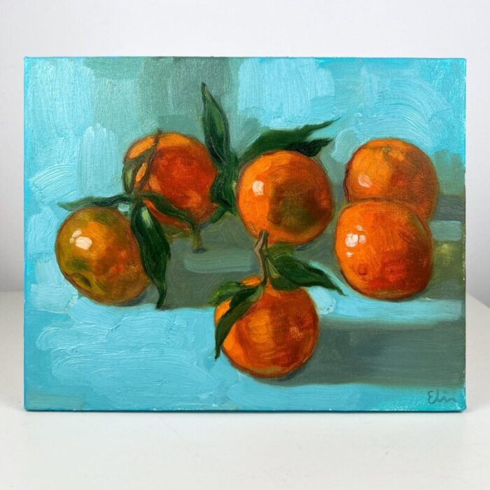 blue still life with tangerines oil on canvas painting 2000s 3883