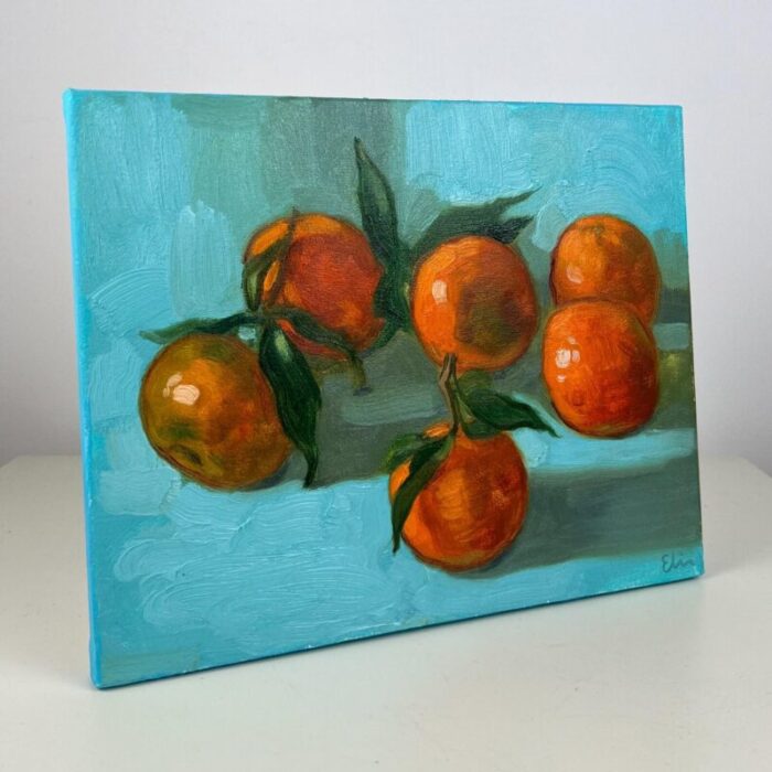 blue still life with tangerines oil on canvas painting 2000s 6334